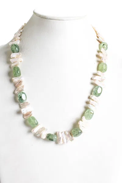 Rarities Womens Sterling Silver Yellow Gold Plated Prehnite Beaded Keshi Pearl Necklace 24"