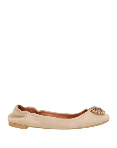 Ras Woman Ballet Flats Beige Size 6 Leather, Swarovski Crystal In Brown