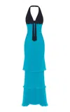 Rasario Bow-detailed Chiffon & Velvet Maxi Dress In Turquoise