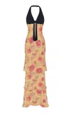 Rasario Bow-detailed Chiffon & Velvet Maxi Dress In Yellow