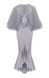 Rasario Cape-detailed Satin Dress In Grey