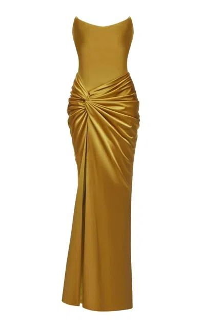 Rasario Corset Maxi Dress With Draped Skirt In Mustard In Gold