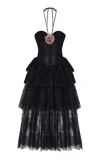 Rasario Corseted Lace Midi Dress In Black
