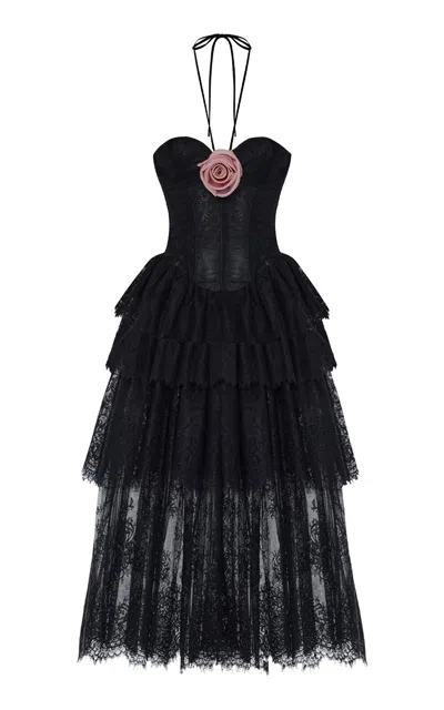 Rasario Corseted Lace Midi Dress In Black
