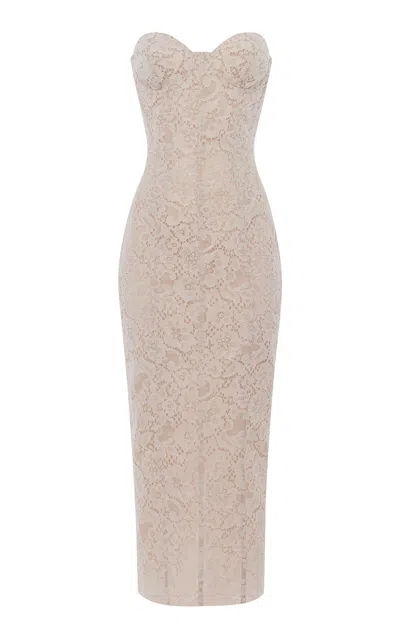 Rasario Corseted Lace Midi Dress In Tan