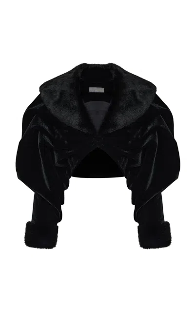Rasario Cropped Velvet & Faux Fur Coat In Black