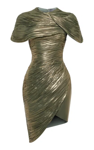 Rasario Draped Metallic Chiffon Mini Dress In Metallic