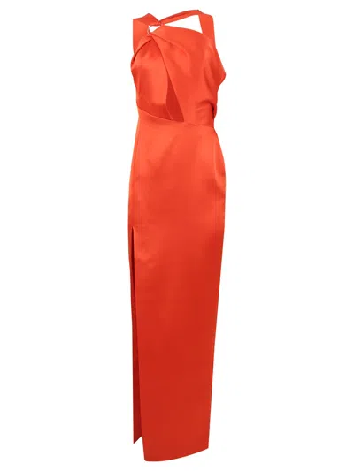 Rasario Draped Satin Asymmetric Cut-out Gown With Ring In Orange