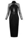 Rasario Draped Satin Lace Midi Dress With Buckle And Ring In Black