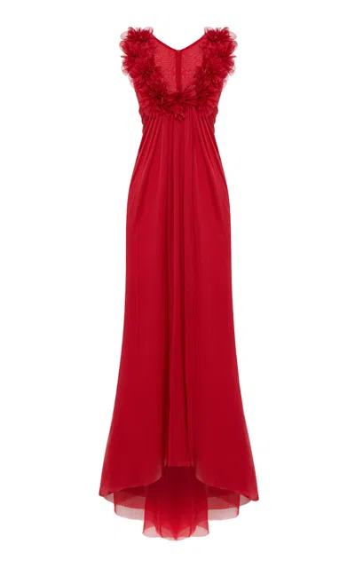 Rasario Floral-embellished Silk-chiffon Dress In Red
