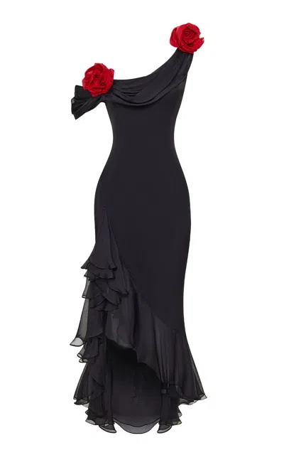 Rasario Floral-embellished Silk-chiffon Midi Dress In Black