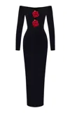 Rasario Floral-embellished Velvet Midi Dress In Black