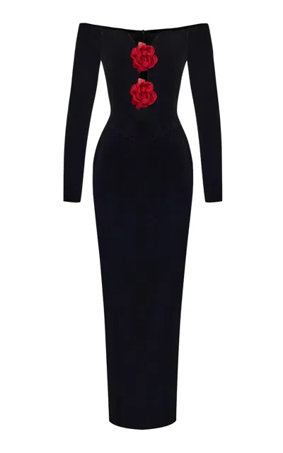 Rasario Floral-embellished Velvet Midi Dress In Black