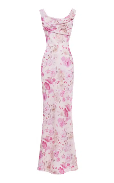 Rasario Floral-print Draped Satin Maxi Dress In Light Pink