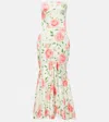 RASARIO FLORAL STRAPLESS RUFFLED SATIN GOWN