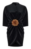 Rasario Flower-detailed Velvet Mini Dress In Black