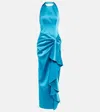 Rasario Halterneck Draped Satin Gown In Turquoise
