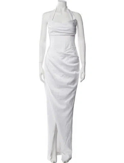 Pre-owned Rasario Halterneck Long Dress In White