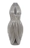 Rasario Keyhole Draped Chiffon Midi Dress In Metallic