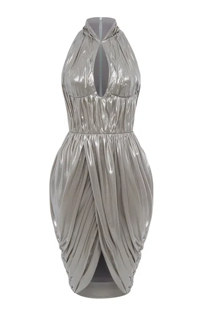 Rasario Keyhole Draped Chiffon Midi Dress In Metallic