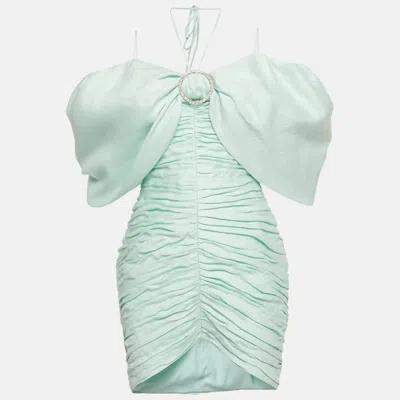 Rasario Light Green Linen Blend Ruched Off Shoulder Dress In Blue