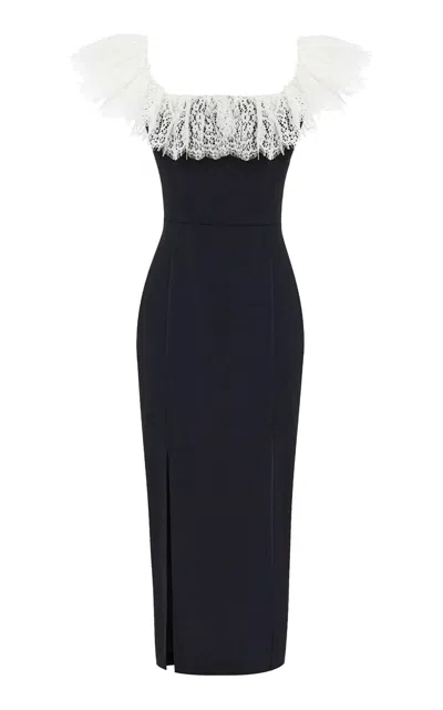Rasario Off-the-shoulder Velvet & Lace Midi Dress In Black