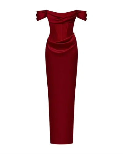 Rasario Off-the-shoulder Draped Corset Gown In Burgundy