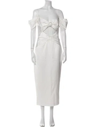 Pre-owned Rasario Off-the-shoulder Midi Length Dress In White