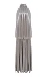 Rasario Open-back Metallic Chiffon Gown In Silver