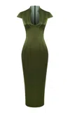 Rasario Piped Satin Midi Dress In Black