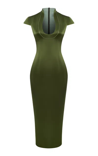 Rasario Piped Satin Midi Dress In Black