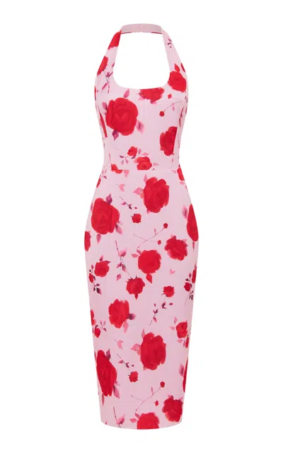 Rasario Printed Satin Midi Dress In Pink