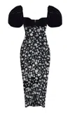 Rasario Puff-sleeve Floral Chiffon Midi Dress In Black,white