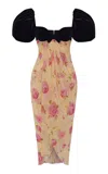 Rasario Puff-sleeve Floral Chiffon Midi Dress In Yellow