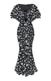 Rasario Ruched Floral Chiffon Maxi Dress In Black,white