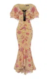 Rasario Ruched Floral Chiffon Maxi Dress In Yellow