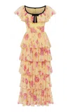 Rasario Tiered Floral Chiffin Maxi Dress In Yellow