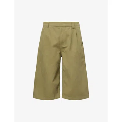 Rassvet Mens Green Pleat-front Long Twill-cotton Shorts