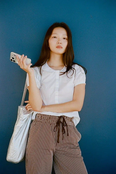 Rat Boi Puff Short Sleeve Button Down Top In Cloud Dobby, Women's At Urban Outfitters In White