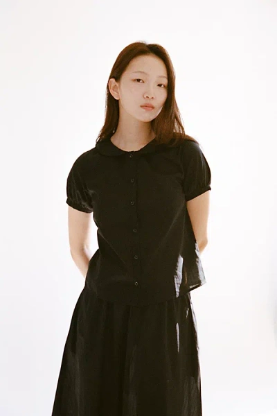 Rat Boi Puff Short Sleeve Button Down Top In Onyx Dobby, Women's At Urban Outfitters In Black