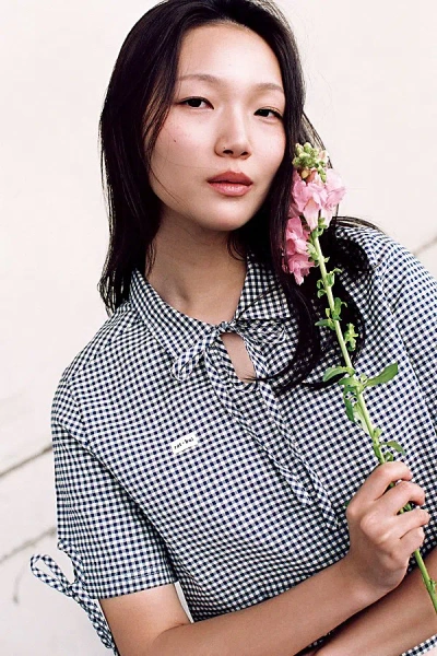 Rat Boi Tie Polo Top In Navy Gingham, Women's At Urban Outfitters In Blue
