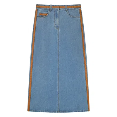 Rave On Trend Women's Blue Denim Skirt With Leather Detail