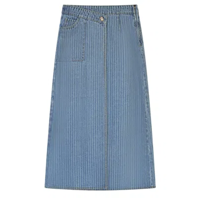 Rave On Trend Women's Blue Pinstripe Wrap Denim Skirt