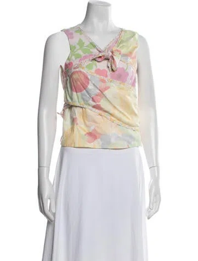 Pre-owned Rave Review Floral Print V-neck Top In White