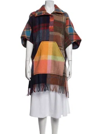 Pre-owned Rave Review Wool Plaid Print Poncho In Multicolor