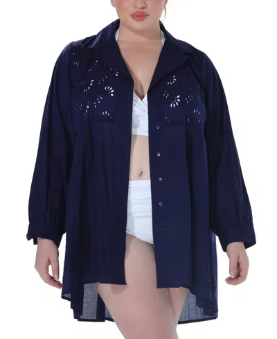 Raviya Plus Size Cotton Eyelet Button-front Cover-up Dress In Navy