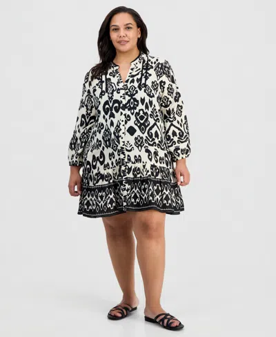Raviya Plus Size Printed Button-down Swim Cover Up Dress In Black