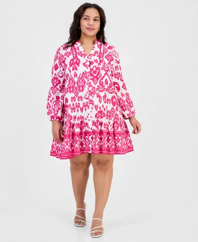 Raviya Plus Size Printed Button-down Swim Cover Up Dress In Pink