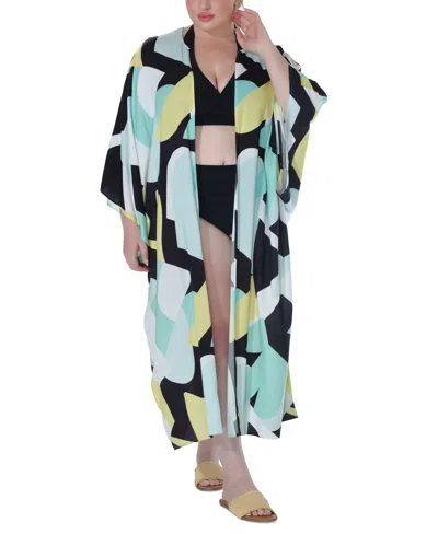 Raviya Plus Size Printed Open-front Kimono Cover-up In Yellow Abstract