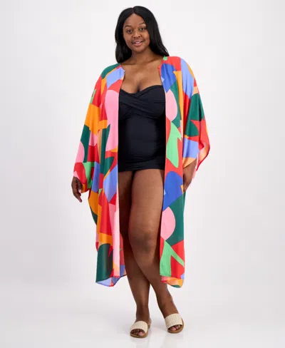 Raviya Plus Size Printed Open-front Kimono Cover-up